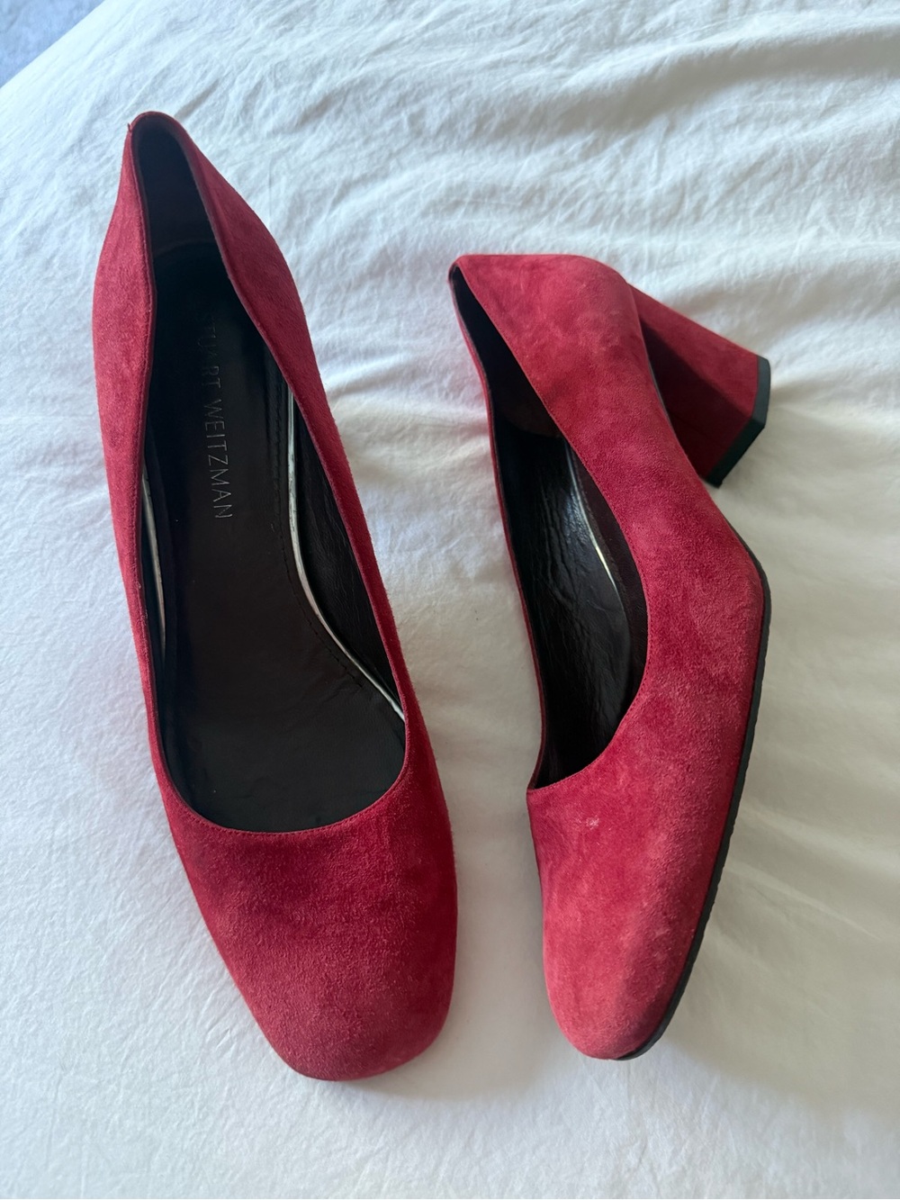 Stuart Weitzman cherry Red Suede Block Heel Pumps